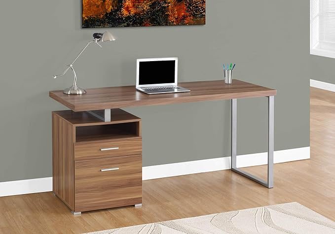 Monarch Specialties Computer Writing Desk for Home & Office Laptop Table with Drawers Open Shelf and File Cabinet-Left or Right Set Up, 60" L, Walnut