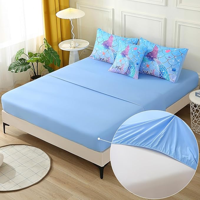 JQinHome Mermaid Comforter Set Twin Size, 6 Piece Mermaid Tail Bed in A Bag,3D Colorful Mermaid Bedding Set for Girls Kids, Sparkle Teal Bedroom Decor Bedding Set with Sheets (Blue)