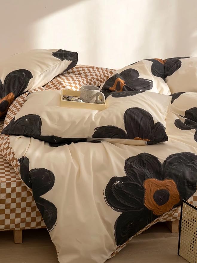 Black and White Comforter Set Black Floral Bedding Cal King Comforter Set Black Flowers Cotton Women Modern Elegant Chic Quilts Blankets Lightweight Black Flower Reversible Bed Comforter Set