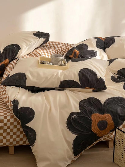 Black and White Comforter Set Black Floral Bedding Cal King Comforter Set Black Flowers Cotton Women Modern Elegant Chic Quilts Blankets Lightweight Black Flower Reversible Bed Comforter Set