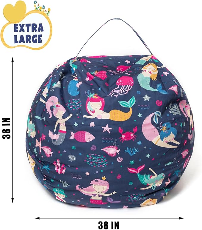 Stuffed Animal Storage Bean Bag Chair Cover, Hold Kids Plush Toys Blankets Towels Beanbag (Cover Only), Canvas Floor Circle Stuff Sit Seat Sofa with YKK Zipper, Extra Large 38", Mermaid