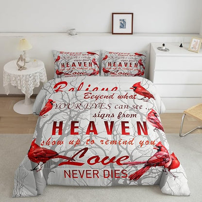 Cardinal Bird Comforter Set King Size Farmhouse Red Birds Bedding Set for Girls Boys Women Men Tree Branches Decor Comforter Nature Comforter with 2 Pillow Case