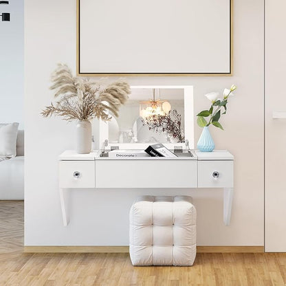 ALIMORDEN Floating Shelf with Mirror and Drawer,Floating Drawer for Bathroom, White Wall Mounted Desk,Pull Out Drawer, 31 inches Surface, Floating Wall Desk, Hanging Desk, White