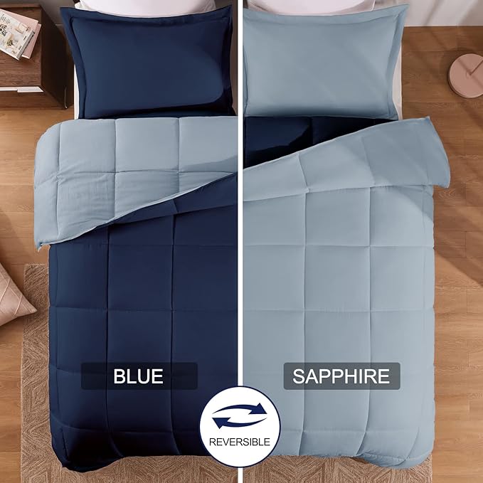 Basic Beyond Queen Comforter Set - Fluffy Comforter Queen Set for All Seasons - Reversible Blue Comforter Set Queen for Mens - 3 Pieces (1 Comforter + 2 Pillow Shams) - Blue/Sapphire