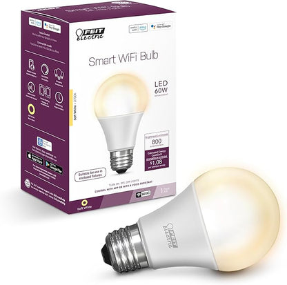 Feit Electric OM60/927CA/AG 60W Equivalent WiFi Dimmable, No Hub Required, Alexa Google Assistant A19 Smart LED Light Bulb, 4.4" H x 2.3" D, 2700K Soft White
