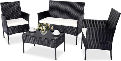 Patio Furniture Set 4 Pieces Conversation Sets Outdoor Wicker Rattan Chairs Garden Backyard Balcony Porch Poolside Loveseat with Soft Cushion and Tempered Glass Table(Black/Beige)