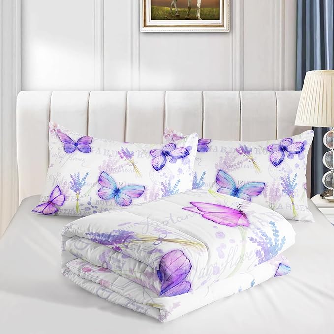 Purple Butterfly Comforter Set Twin Size for Girls Kids Adults Lavender Flowers Pattern Bedding Set Aesthetics Butterflies Quilt Bed Set with 1 Comforter and 2 Pillowcases