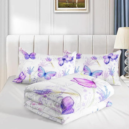 Purple Butterfly Comforter Set Queen Size for Girls Kids Adults Lavender Flowers Pattern Bedding Set Aesthetics Butterflies Quilt Bed Set with 1 Comforter and 2 Pillowcases