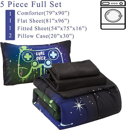 Kids Gaming Bedding Sets Full Size for Boys Teen, 5 Piece Bed in a Bag Gamer Comforter Set with Sheets, 3D Colorful Video Game Controller Comforter, All Season Soft Microfiber Bed Set(Blue,Full)