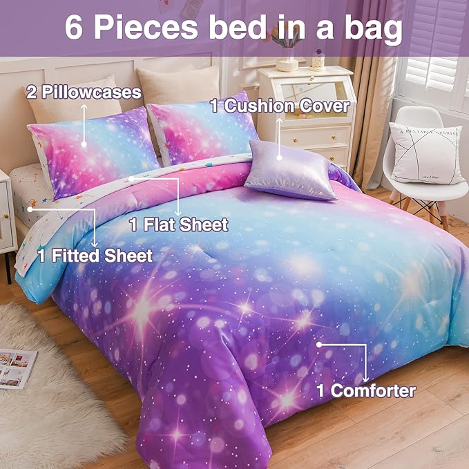 A Nice Night 6Pcs Gradient Glitter Bedding Set for Girls, Colorful Rainbow Galaxy Comforter Set, Ultra Soft Bedding Sets (Purple,Queen 6Pcs)