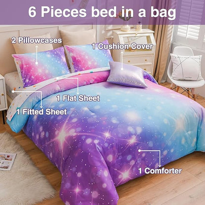 A Nice Night 6Pcs Gradient Glitter Bedding Set for Girls, Colorful Rainbow Galaxy Comforter Set, Ultra Soft Bedding Sets (Purple,Queen 6Pcs)