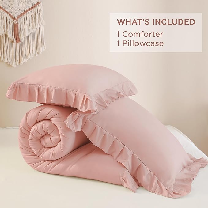 Andency Blush Ruffle Comforter Set, 2 Pieces Kids Comforter Set Twin(66x90Inch), Farmhouse Shabby Chic Comforter Set, Soft Microfiber Kids Bedding Set