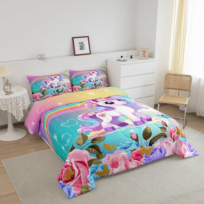 Cartoon Unicorn Kids Comforter Set Full Size,Roses Flowers Butterfly Princess Bedding Set,Girls Women Room Decor,Rainbow Unicorn Cute Down Comforter,Pink Blue Romantic Duvet Insert,2 Pillowcases