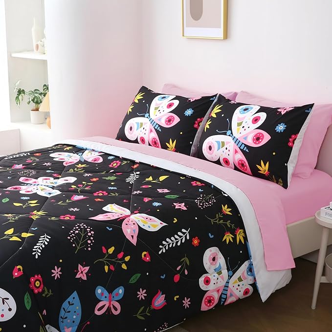 Kids Butterfly Comforter Set Full Size for Girls Black 7 Piece Bed in A Bag Colorful Flowers Leaves Bedding Set for Teens Super Soft All Season