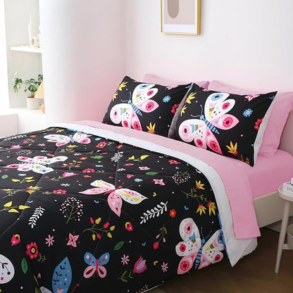 Kids Butterfly Comforter Set Full Size for Girls Black 7 Piece Bed in A Bag Colorful Flowers Leaves Bedding Set for Teens Super Soft All Season