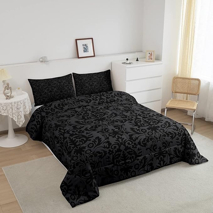 Erosebridal Adults Black Damask Bedding Set Antique Victorian Baroque Down Comforter Queen Gothic Vintage Floral Comforter Set Bohemian Exotic Bedding Quilted Bedroom Decor 2 Pillow Cases