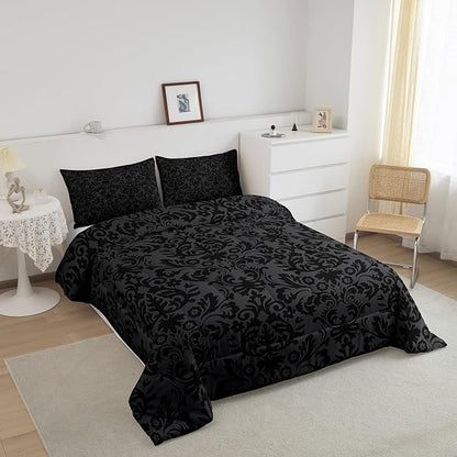 Erosebridal Adults Black Damask Bedding Set Antique Victorian Baroque Down Comforter Queen Gothic Vintage Floral Comforter Set Bohemian Exotic Bedding Quilted Bedroom Decor 2 Pillow Cases