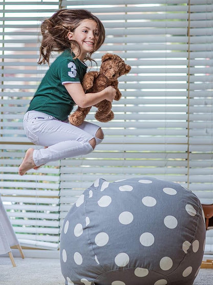 Wekapo Stuffed Animal Storage Bean Bag Chair Cover for Kids | Stuffable Zipper Beanbag for Organizing Children Plush Toys Large Premium Cotton Canvas (Gray Dot, X-Large)