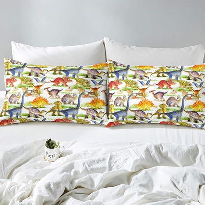 Erosebridal Dinosaur Comforter Set Kawaii Dino Bedding Set for Kids Girls Boys Teens Bedroom Decor, Retro Animal Duvet Insert Watercolor Wildlife Soft Microfiber Quilt with 1 Pillow Case, Twin