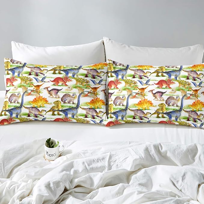 Erosebridal Dinosaur Comforter Set Kawaii Dino Bedding Set for Kids Girls Boys Teens Bedroom Decor, Retro Animal Duvet Insert Watercolor Wildlife Soft Microfiber Quilt with 2 Pillow Cases, King