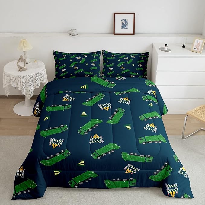 Feelyou Garbage Truck Toy Print Warm Comforter Setfor Kids Boys, Green Garbage Truck Bedding Set Cartoon Equipment Comforter Navy Blue Decor All Season Quilt Room 3Pcs Queen Size Boys