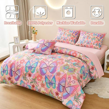 Butterfly Bedding Set Full, Pink Butterfly Comforter Set for Girls Kids Teens 6 pcs Bed in a Bag Full Bedding Sets for Girls