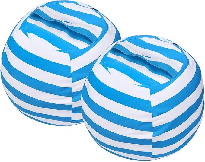 2 PCS Stuffed Animal Storage Bean Bag Chair Cover, Cotton Canvas Beanbag with Zipper for Organizing Kid's and Adults Room Blue 24"