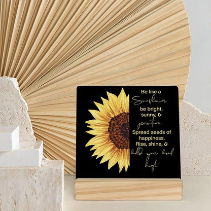 MUBIAO Sunflower Wooden Plaque Sign Desk Decor, Motivational Sunflower Quote Wood Stand Signs Desk Decor, Rustic Decor for Home Office Shelf Desk 4 x 4 Inches
