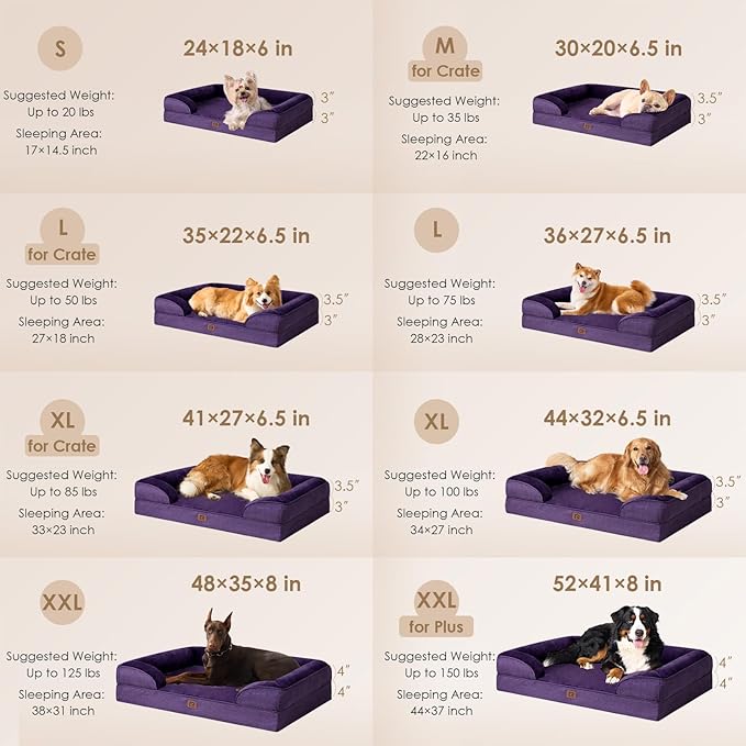 EHEYCIGA Orthopedic Dog Bed for Medium Dogs, Waterproof Memory Foam Medium Dog Beds with Sides, Non-Slip Bottom and Egg-Crate Foam Medium Dog Couch Bed with Washable Removable Cover, Purple