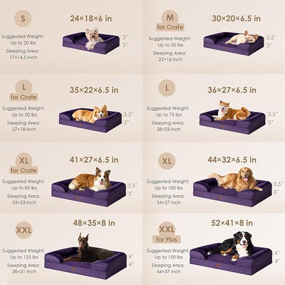 EHEYCIGA Orthopedic Dog Bed for Medium Dogs, Waterproof Memory Foam Medium Dog Beds with Sides, Non-Slip Bottom and Egg-Crate Foam Medium Dog Couch Bed with Washable Removable Cover, Purple