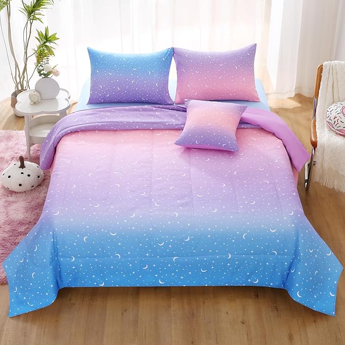 JQinHome Twin Girls Comforter Set,6 Piece Bed in A Bag 3D Purple Orange Glitter Bedding Set -All Season Microfiber Rainbow Bedding Sets for Girls Women