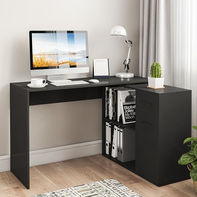 L-Shaped Rotating Computer Desk with Storage Shelves 68 inch Home Office Desk Corner with Drawers and File Cabinet Multipurpose Study Writing Table for Bedroom Small Space Black
