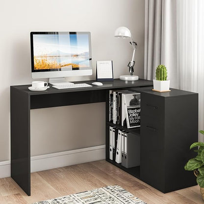 L-Shaped Rotating Computer Desk with Storage Shelves 68 inch Home Office Desk Corner with Drawers and File Cabinet Multipurpose Study Writing Table for Bedroom Small Space Black