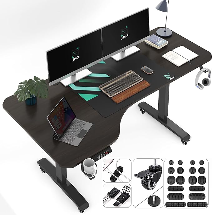 Standing Desk, L Shaped Adjustable Standing Desk, 63'' Corner Height Adjustable desk with Cup Holder, Headphone Hook, Cable Manager, and Mouse pad, Brown Panel