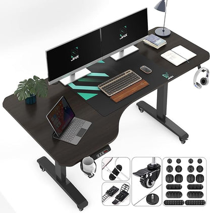 Standing Desk, L Shaped Adjustable Standing Desk, 63'' Corner Height Adjustable desk with Cup Holder, Headphone Hook, Cable Manager, and Mouse pad, Brown Panel