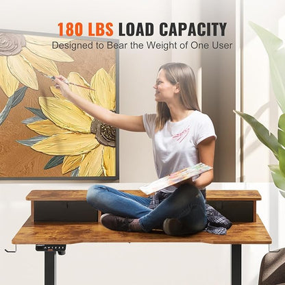 VEVOR Standing Desk with Shelves 47.2 x 23.6 Inch Height Adjustable Desk Dual Monitor Riser Workstation Adjustable Desk 3-Key Modes Sturdy Dual Metal Frame 180LBS Capacity for Home Office