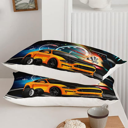 Axolotl Race Car Bedding Set Twin Size,Boys Extreme Sports Comforter Set for Kids Boys Car Racing Gifts,Yellow Cool Car Comforter Car Sports Quilt Set 1 Comforter with 2 Pillowcase Car Racing Gifts