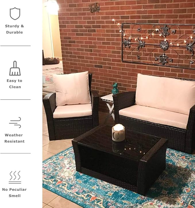 FDW Sectional Sofa Rattan Chair Wicker Conversation Set Outdoor Backyard Porch Poolside Balcony Garden Furniture with Coffee Table, Brown