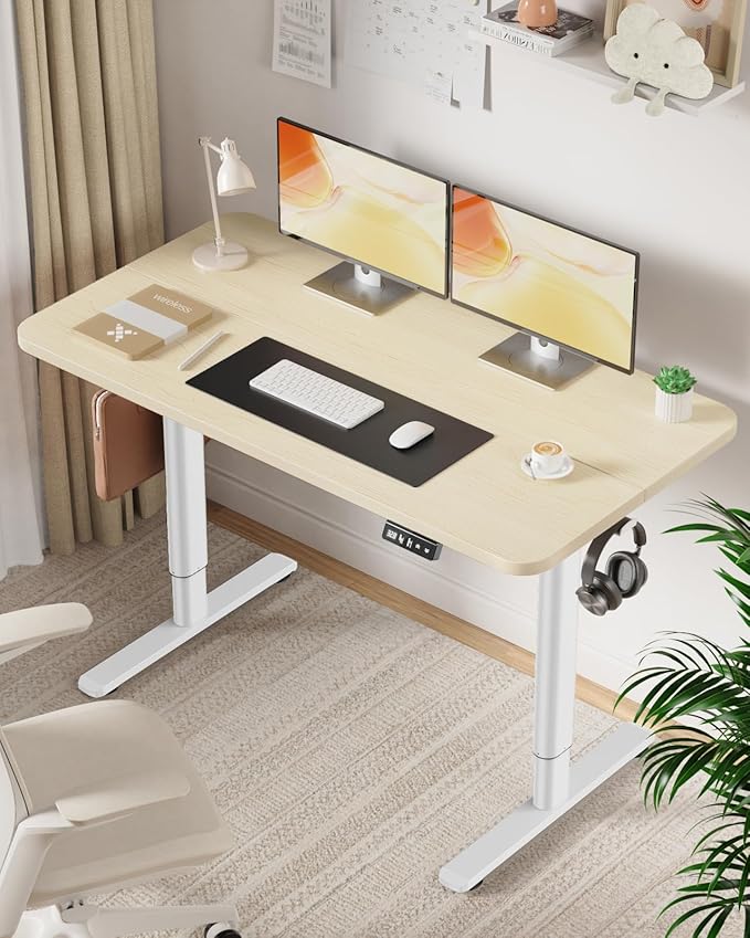 Electric Standing Desk Adjustable Height Stand Up Desk, 48" x 24" Sit Stand Desk, Low Noise Home Office Desk, Computer Desk with Splice Board, Child Lock & Memory Function, Maple