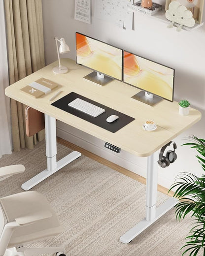 Electric Standing Desk Adjustable Height Stand Up Desk, 48" x 24" Sit Stand Desk, Low Noise Home Office Desk, Computer Desk with Splice Board, Child Lock & Memory Function, Maple