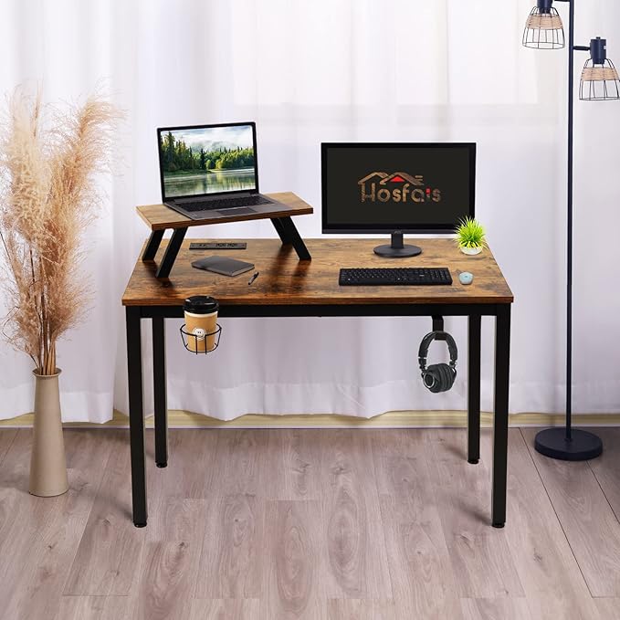 Computer Desk with Power Strip and Monitor Stand, 40" Desk for Home Office Small Space, Small Writing Desk Study Table Workstation with Cup Holder Headphone Hook, Easy Assembly