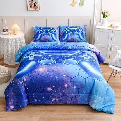 NTBED Game Console Comforter Set for Boys Girls Kids 3D Gaming Geometric Lightweight Microfiber Bedding Sets (Blue Purple, Queen)