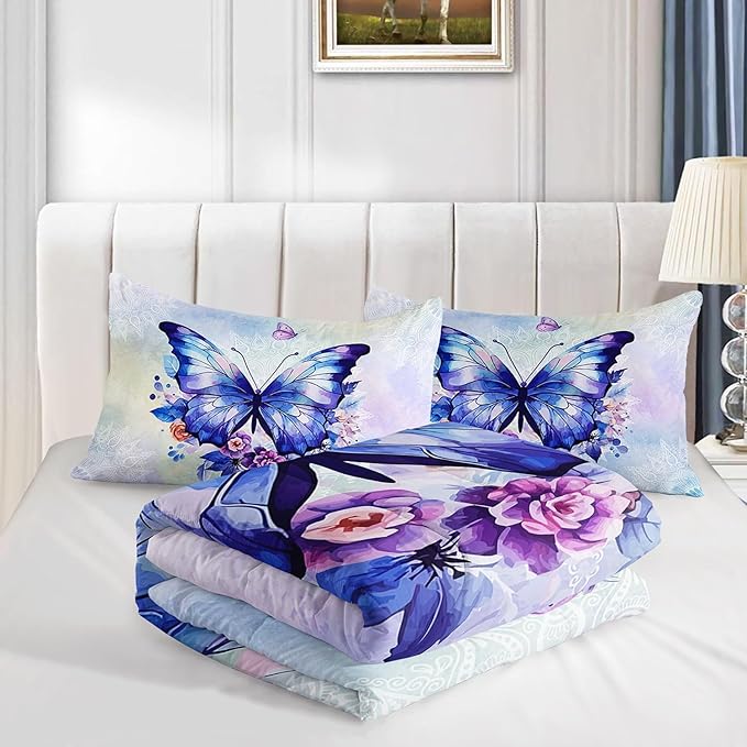Datura home Kids Comforter Set Butterfly Printed Pattern Bedding Set with 1 Comforter and 2 Pillowcases for Girls Boys Bedroom All Season(Butterfly3 Twin)
