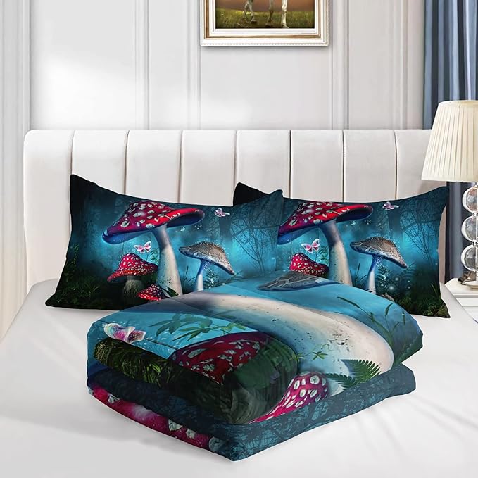 Red Mushroom Kawaii Comforter Set Full Size Kids Mushroom Butterfly Bedding Set Botanical Plant Theme Print Quilt Bed Set for Boys Girls Adults with 1 Comforter and 2 Pillowcases