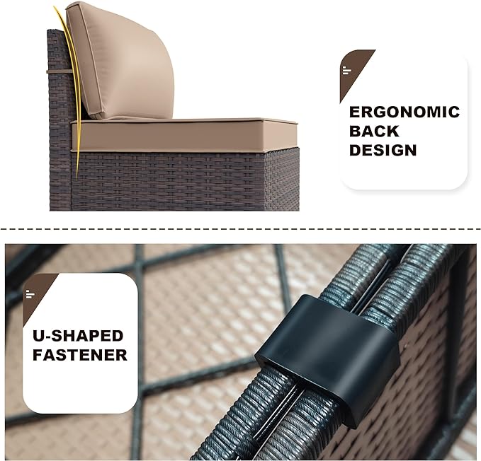 Patio Furniture Set Sofa 6-Piece Wicker Sectional Sofa Set, Outdoor Furniture Rattan Patio Sofa Conversation Set with Thickened Cushions and Glass Coffee Table, Sand