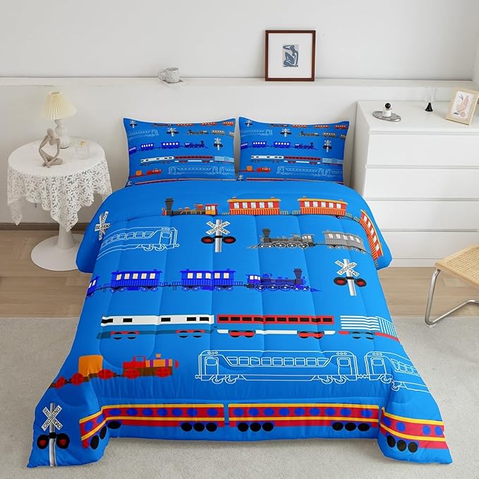 Erosebridal Train King Comforter Set for Boys,Cartoon Car Bedding Set for Kids Boys Girls Toddler,Vintage Car Down Comforter,Retro Steam Railway Rail Traffic Light Duvet Set Bedroom Decor,Blue 3Pcs