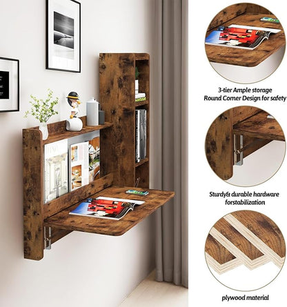 Pmnianhua Farmhouse Floating Desk,41''Wall Mounted Desk,L Shaped Folding Table,Fold Down Laptop Computer Table with Storage for Wall Bedroom Small Space (Rustic Brown-Right)