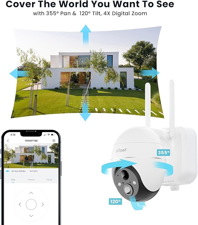 ieGeek 5MP Security Cameras Wireless Outside, Solar Camera Outdoor Wireless WiFi 360° PTZ Battery Powered with Spotlight & Siren/Motion Detection/Color Night Vision/2-Way Audio/IP65, Works with Alexa