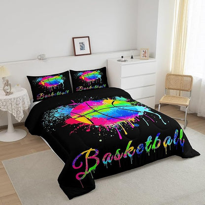 Kids Basketball Comforter Set Full Size Gaming Sports Bedding Set for Boys Girls Teens Bedroom Decor Ball Games Tie Dye Comforter Gift for Basketball Lover Duvet Set with 2 Pillow Case