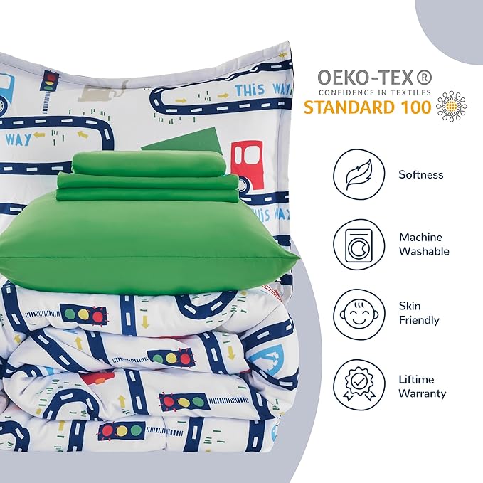 SLEEP ZONE Kids Bedding Comforter Set Full/Queen Size - Super Cute & Soft Kids Bedding 7 Pieces Set with Comforter, Sheet, Pillowcase & Sham (Road Trip, Full/Queen)